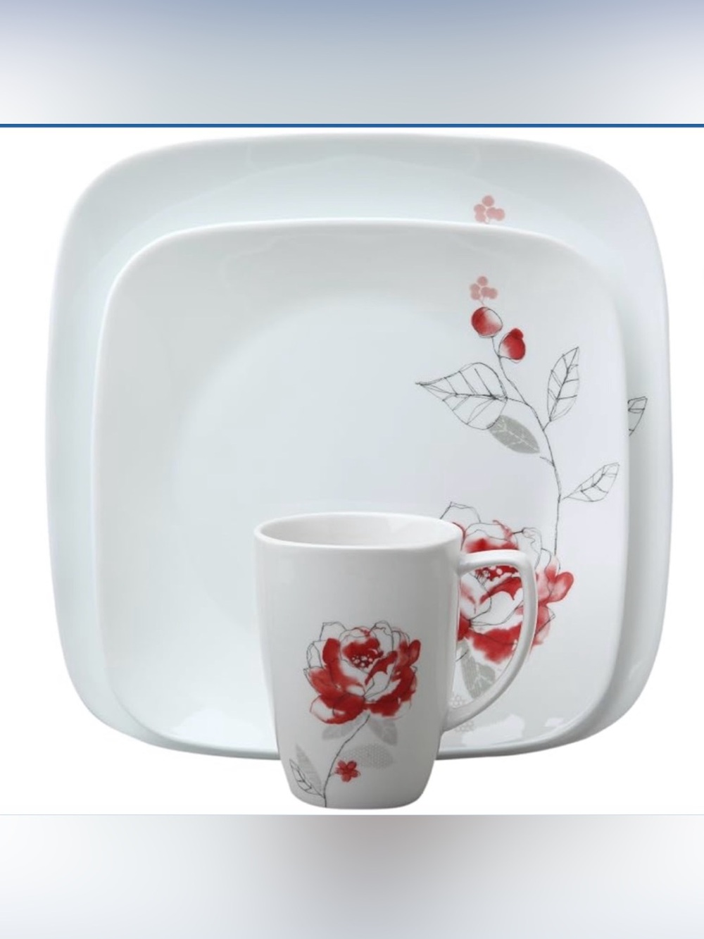 Corelle 20-Piece Square Blushing Rose Dinnerware set with Red Floral Design